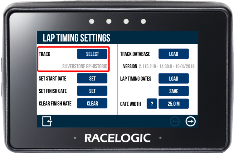 Perfromance Box Touch displaying the Lap Timing Settings screen with the Track section highlighted. 