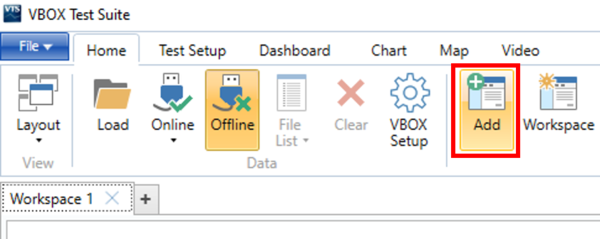 Ribbon in VBOX Test Suite with Home tab open and Add button highlighted.