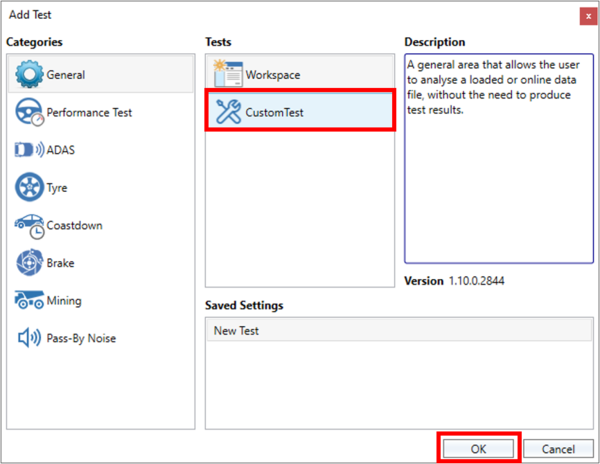 Add Test popup in VBOX Test Suite with Custom Test and OK buttons highlighted.