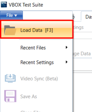 The File Menu in VBOX Test Suite with the Load Data option highlighted.