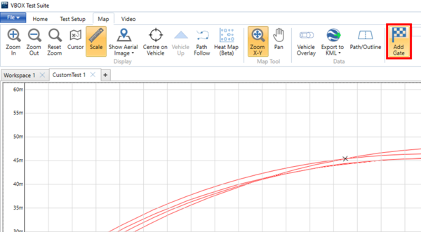 Section in VBOX Test Suite with the Map tab open, the maximised Map Area showing laps on the track and the Add Gate button highlighted. 
