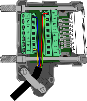 Drawing of Pedal Force Sensor wired to 15-pin D-sub connector.