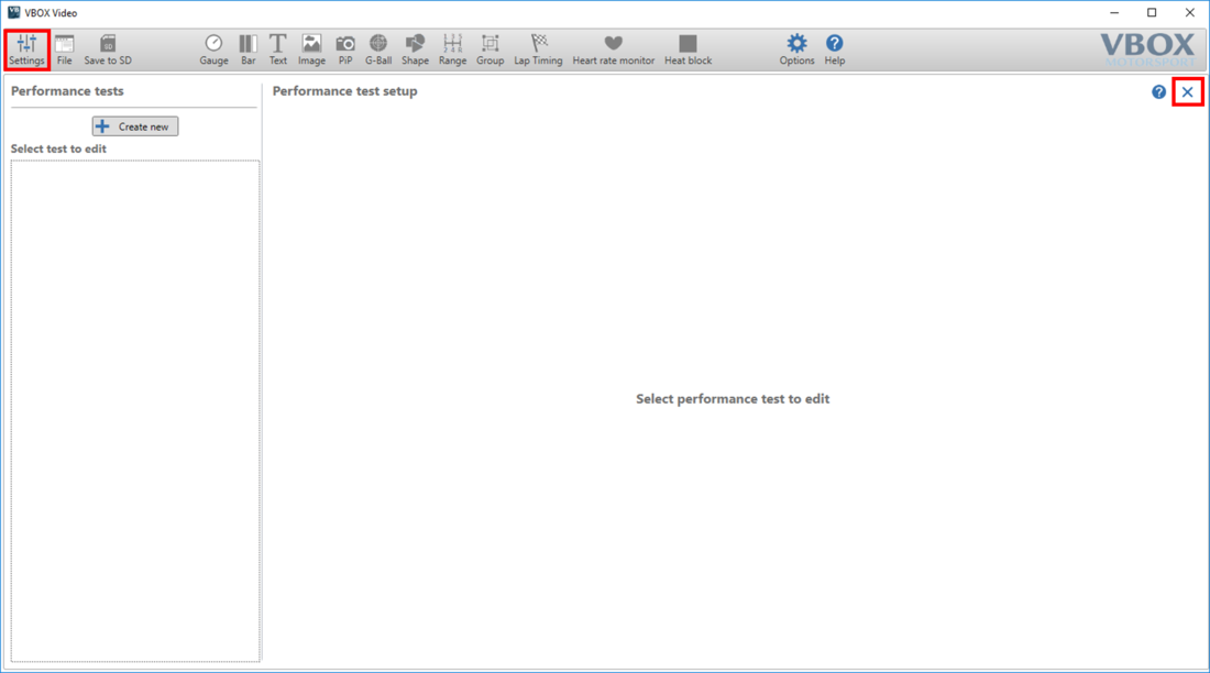 Screenshot of the Performance Test Overview with the Settings Menu button and Close icon highlighted.
