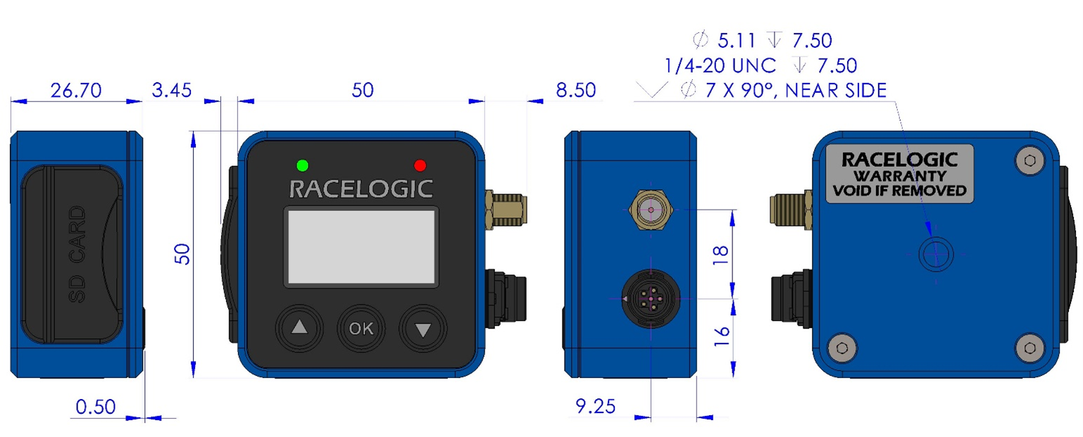 Technical drawings of a VBOX Mini LapTimer seen from different angles with specified dimensions. 