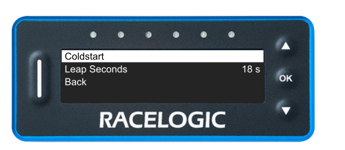 VBOX Pit Lane Timer showing the Coldstart option in the GNSS Menu.