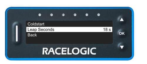 VBOX Pit Lane Timer showing the Leap Seconds option in the GNSS Menu.