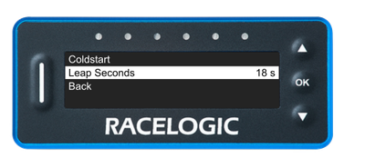 VBOX Pit Lane Timer showing the Leap Seconds option in the GNSS Menu.
