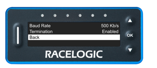 VBOX Pit Lane Timer showing the Back option in the CAN Menu.