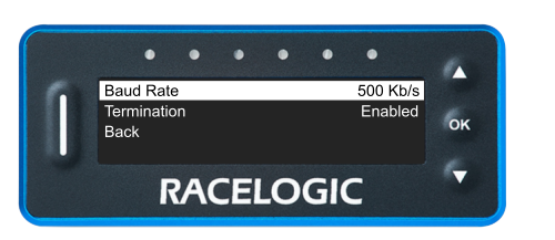 VBOX Pit Lane Timer showing the Baud Rate option in the CAN Menu.