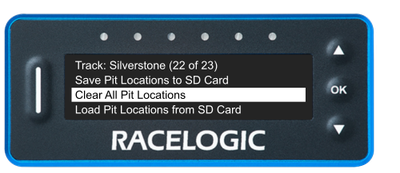 VBOX Pit Lane Timer showing the Clear All Pit Locations option in the Manage Pit Locations menu.