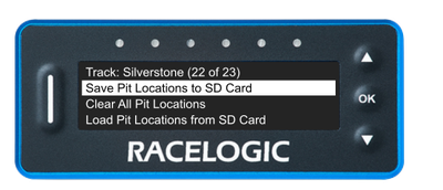 VBOX Pit Lane Timer showing the Save Pit Locations to SD Card option in the Manage Pit Locations menu.