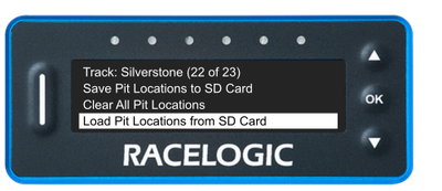 VBOX Pit Lane Timer showing the Load Pit Locations from SD Card option in the Manage Pit Locations menu.