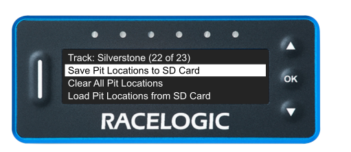 VBOX Pit Lane Timer showing the Save Pit Locations to SD Card option in the Manage Pit Locations menu.