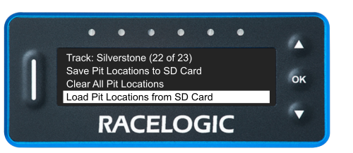 VBOX Pit Lane Timer showing the Load Pit Locations from SD Card option in the Manage Pit Locations menu.