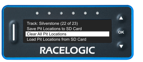 VBOX Pit Lane Timer showing the Clear All Pit Locations option in the Manage Pit Locations menu.