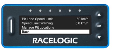 VBOX Pit Lane Timer showing the Back option in the Pit Lane Menu.