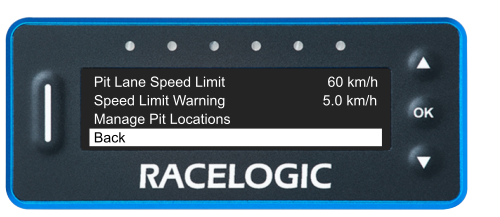 VBOX Pit Lane Timer showing the Back option in the Pit Lane Menu.