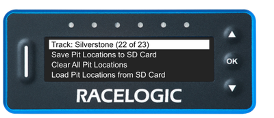 VBOX Pit Lane Timer showing the Track option in the Manage Pit Locations menu.