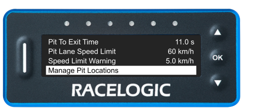 VBOX Pit Lane Timer showing the Manage Pit Locations option in the Pit Lane Menu.