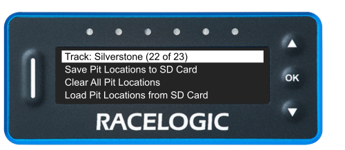 VBOX Pit Lane Timer showing the Track option in the Manage Pit Locations menu.