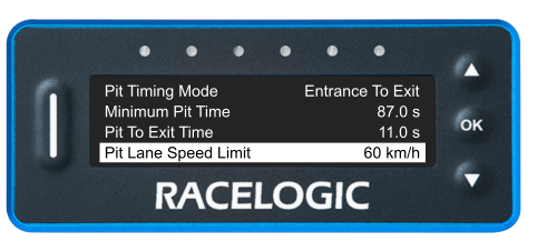 VBOX Pit Lane Timer showing the Pit Lane Speed Limit option in the Pit Lane Menu, set to 60 km/h.