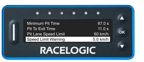 VBOX Pit Lane Timer showing the Speed Limit Warning option in the Pit Lane Menu, set to 5.0 km/h.