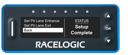 VBOX Pit Lane Timer showing the Back option on the Set Entrance/Exit Lines screen.