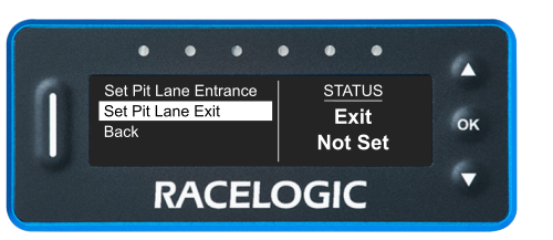 VBOX Pit Lane Timer showing the Set Pit Lane Exit option on the Set Entrance/Exit Lines screen.