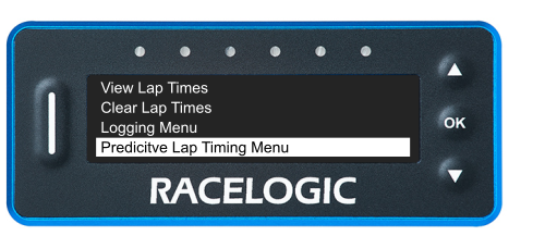VBOX LapTimer showing the Main Menu with the Predictive Lap Timing Menu option highlighted. 