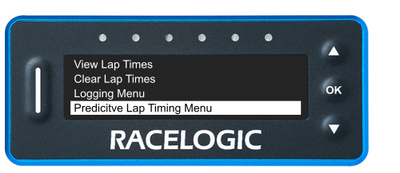 VBOX LapTimer showing the Main Menu with the Predictive Lap Timing Menu option highlighted. 