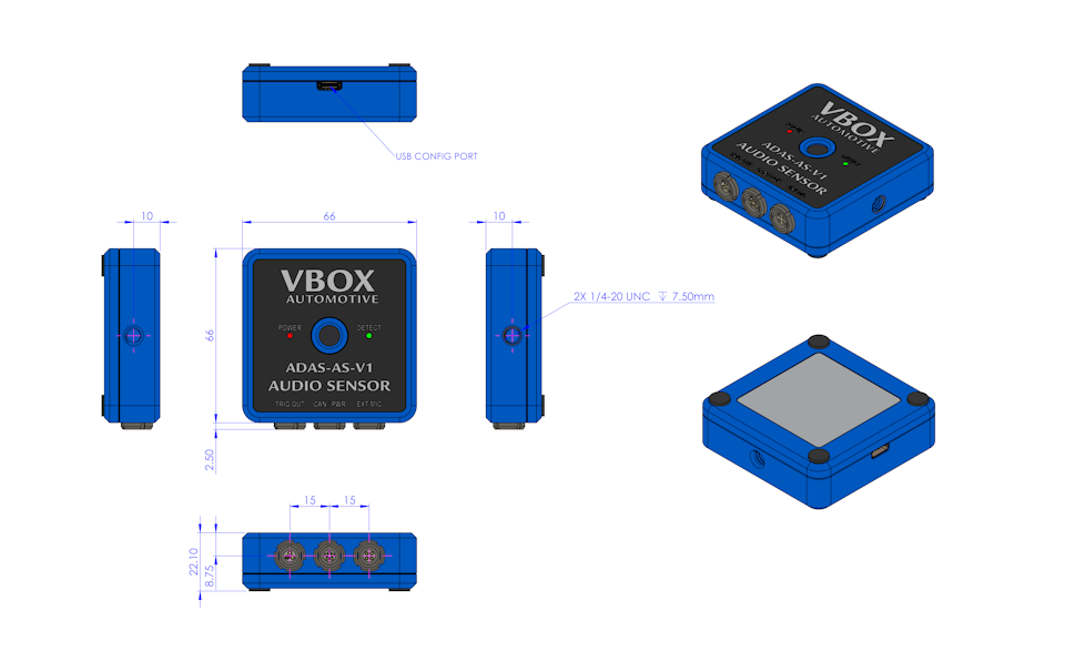 Technical drawing of the ADAS Audio Sensor with dimensions.