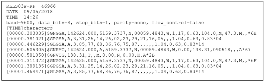 Screenshot of text from an RS232 log file.