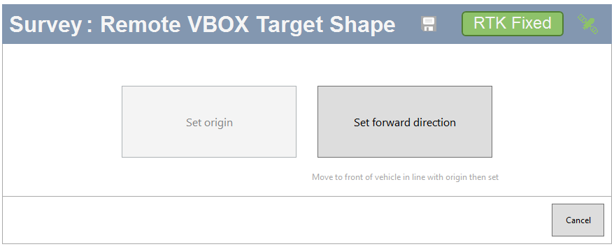 Screenshot of the Survey: Remote VBOX Target Shape window with Set Forward Direction option highlighted.
