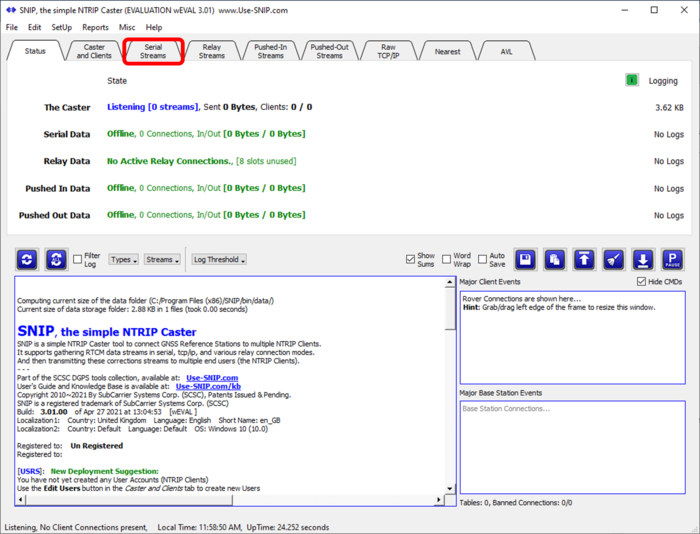 Screenshot of the SNIP software with the Serial Stream tab highlighted.