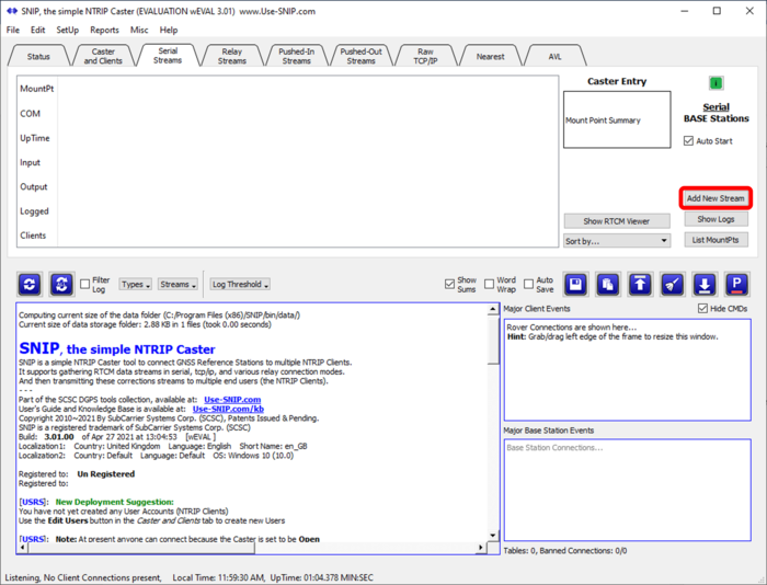 Screenshot of the SNIP software with the Add New Stream button highlighted.
