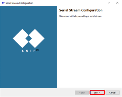 Screenshot of the SNIP Stream Configuration setup wizard with the Next button highlighted.