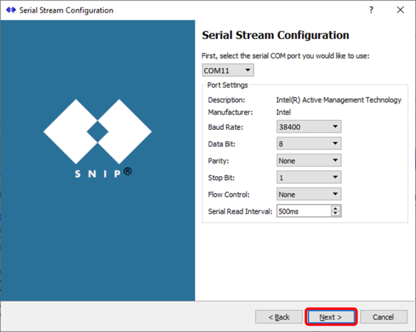 Screenshot of the SNIP Stream Configuration setup wizard showing serial port settings with the Next button highlighted.
