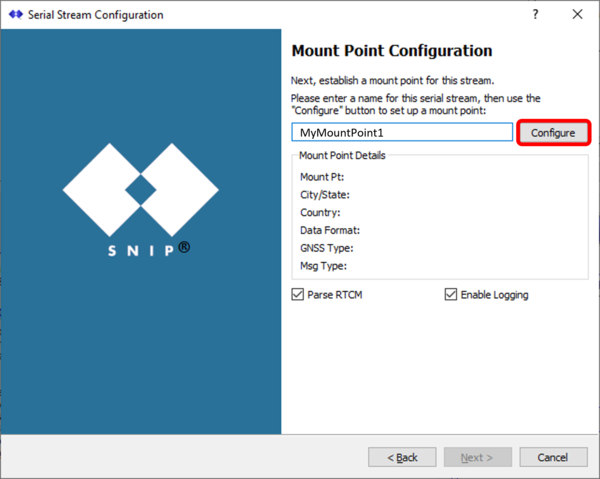 Screenshot of the SNIP Stream Configuration setup wizard showing Mount Point settings with the Next button highlighted.