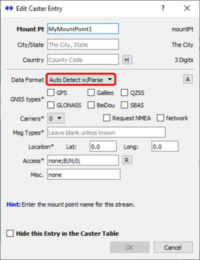 Screenshot of the SNIP software - Edit Caster Entry settings with Auto Detect/Parse highlighted.
