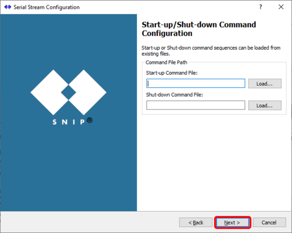 Screenshot of the SNIP Stream Configuration setup wizard showing Start-up/Shut-down Command options with the Next button highlighted.
