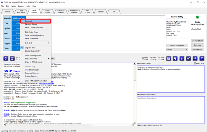 Screenshot of SNIP software with the right-click menu from MountPt displayed and Connect highlighted.