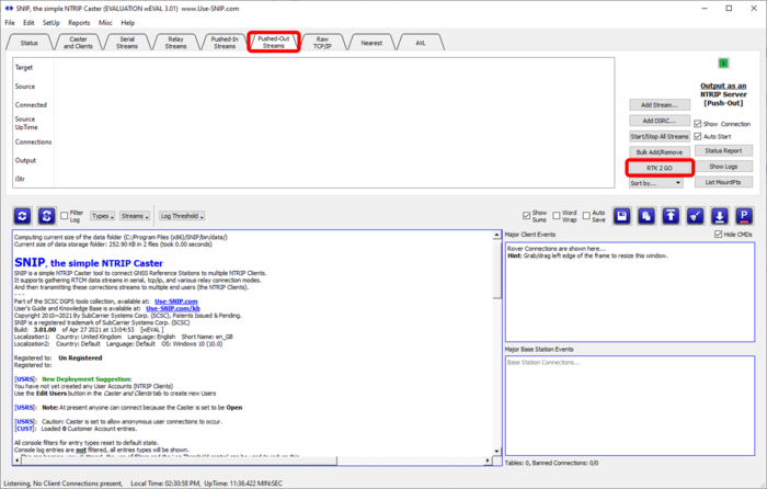 Screenshot of the SNIP Software with the Pushed Out Streams tab highlighted.
