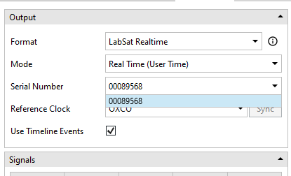 Screenshot of the Output options with a Serial Number drop down displayed.