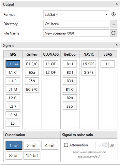 Screenshot of the Output signals, quantisation and attenuation options.