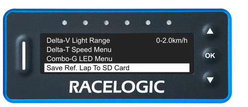 VBOX LapTimer showing the Predictive Lap Timing Menu with the Save Ref. Lap to SD Card option selected.