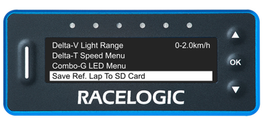 VBOX LapTimer showing the Predictive Lap Timing Menu with the Save Ref. Lap to SD Card option selected.