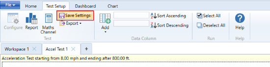 Cropped section from VBOX Test Suite with the Save Settings button on the Test Setup tab highlighted. 
