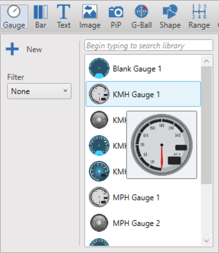 Screenshot of the Elements dropdown menu with the Gauge element highlighted.