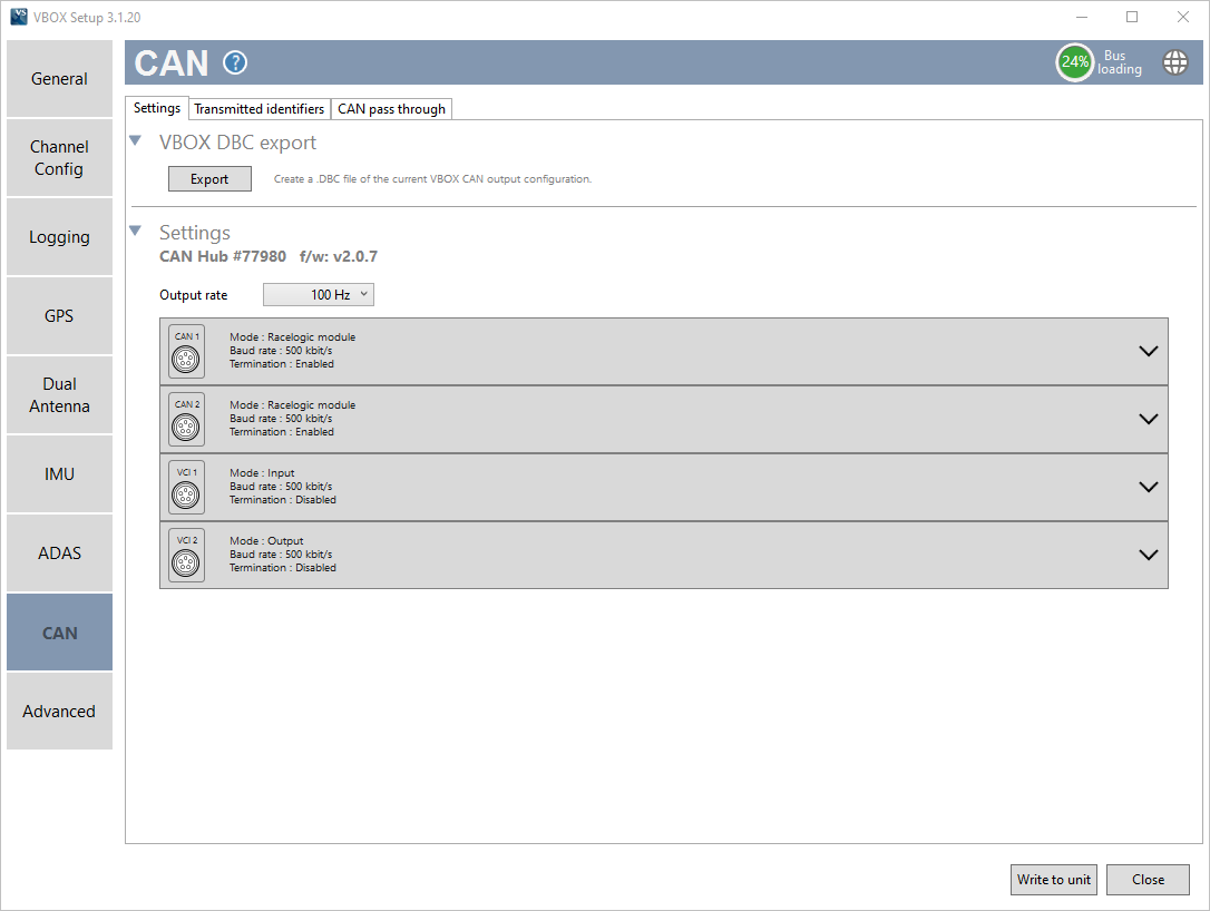 Screenshot of the CAN menu in VBOX Setup when connected to a VBOX 3i and CAN Hub