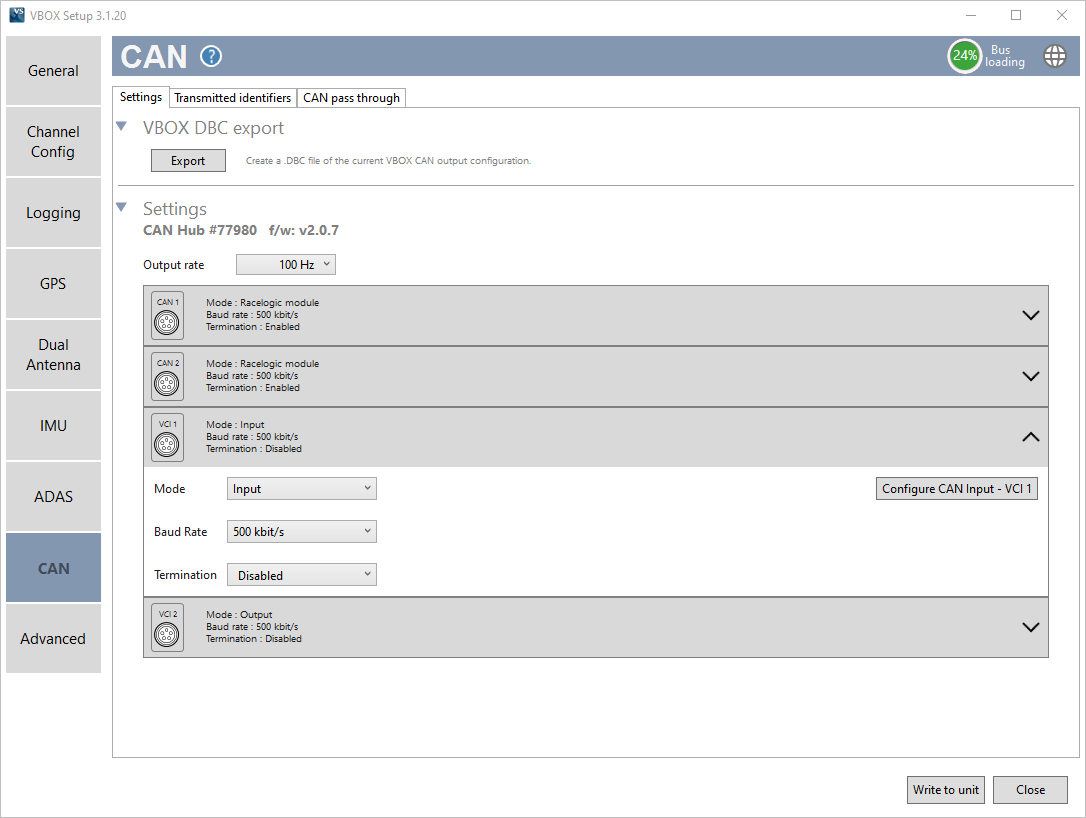 Screenshot of the CAN menu in VBOX Setup when connected to a VBOX 3i and CAN Hub and Settings options for VCI 1 expanded
